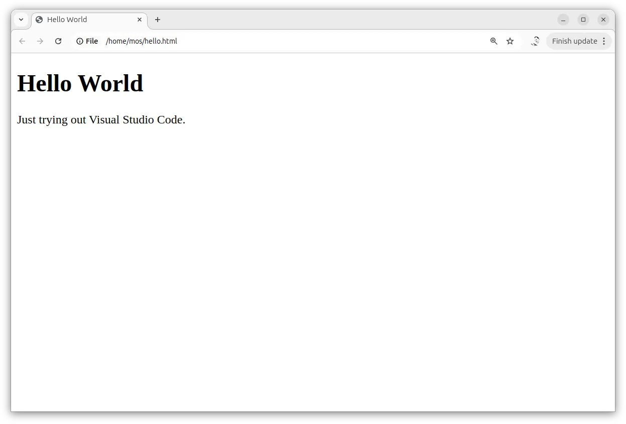 HTML-filen är nu öppnad i din webbläsare och visar en webbsida.