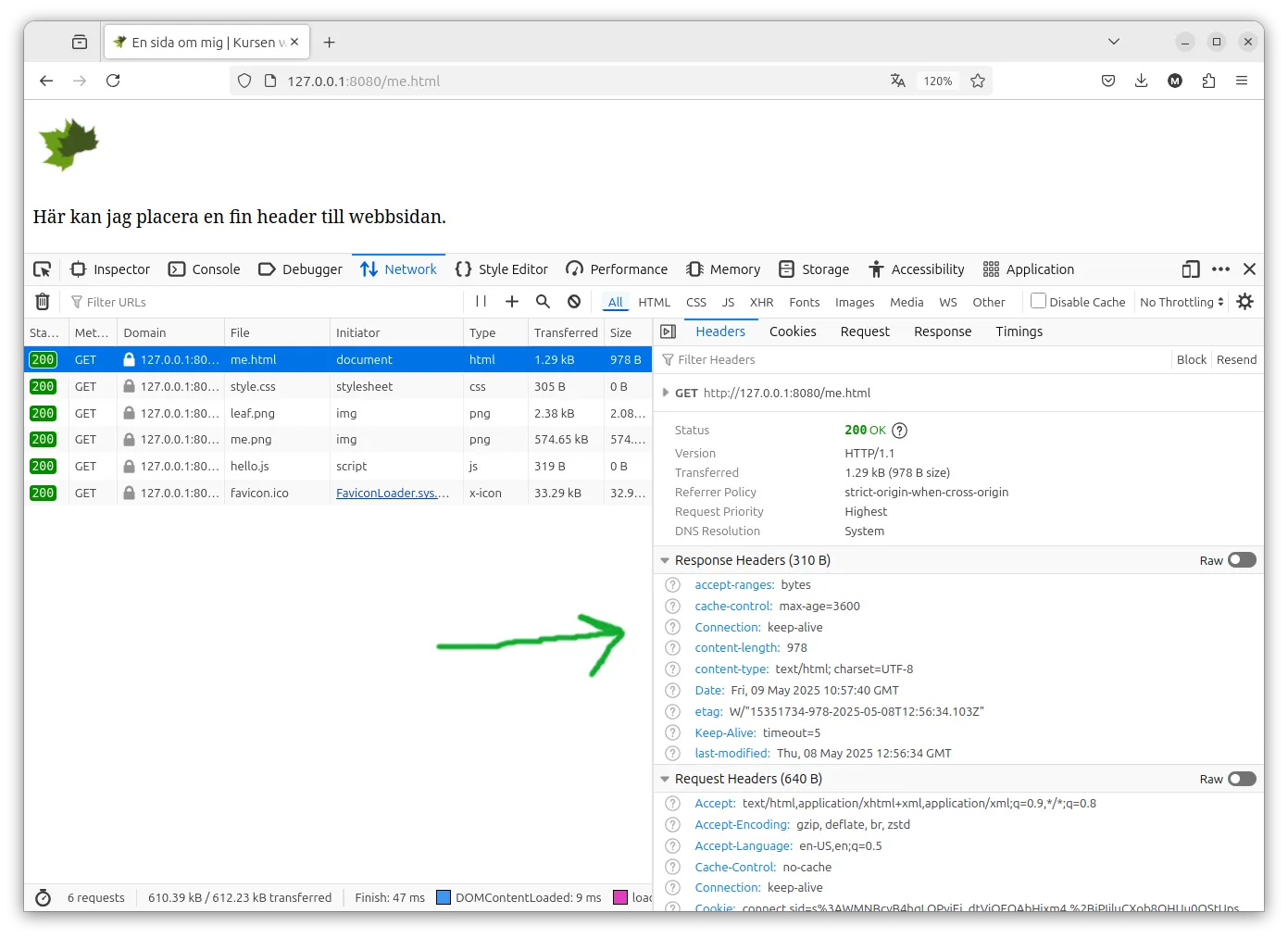 I devtools networks kan vi detaljstudera header/body för varje request/response.