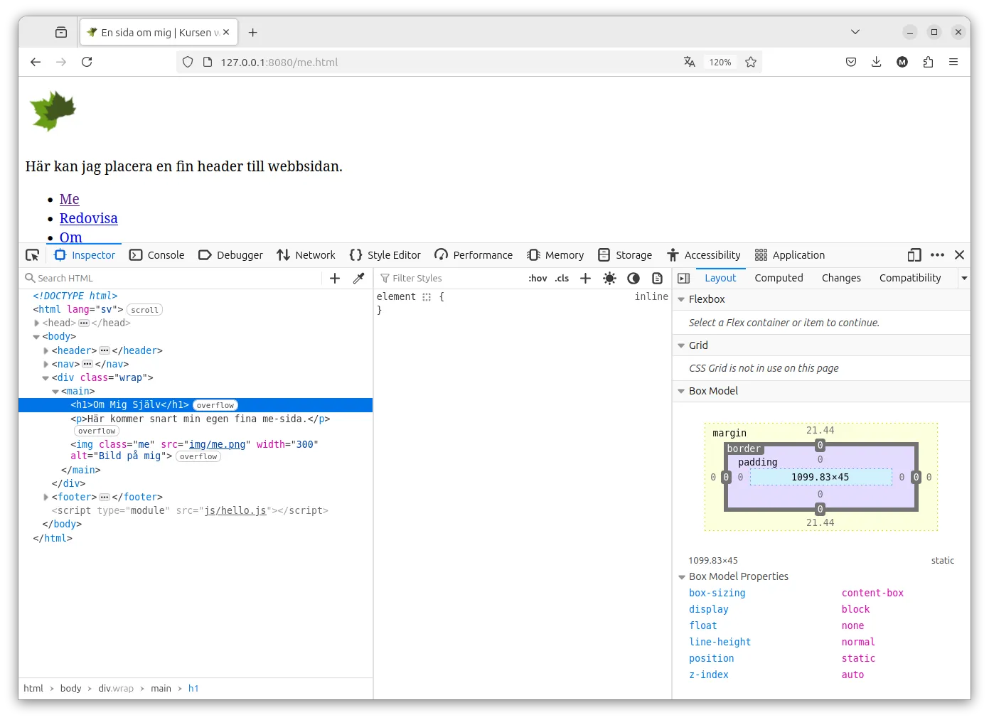 Inspect visar hur webbläsaren har parsat och tolkat webbsidans källkod.