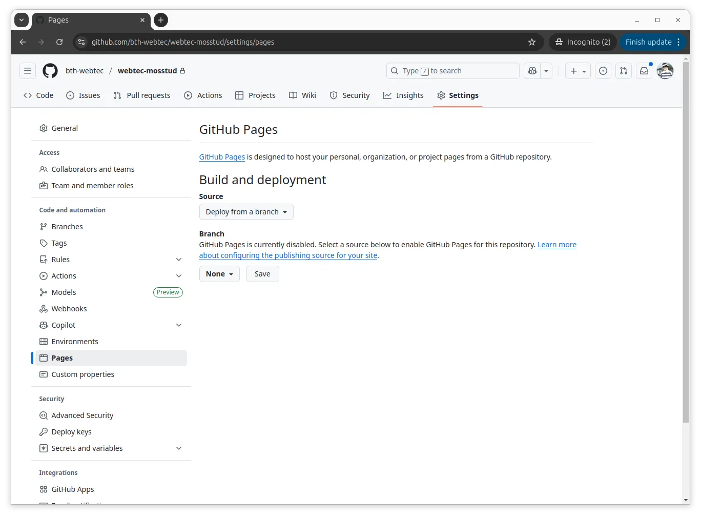 Inställningar för att sätta igång GitHub Pages.