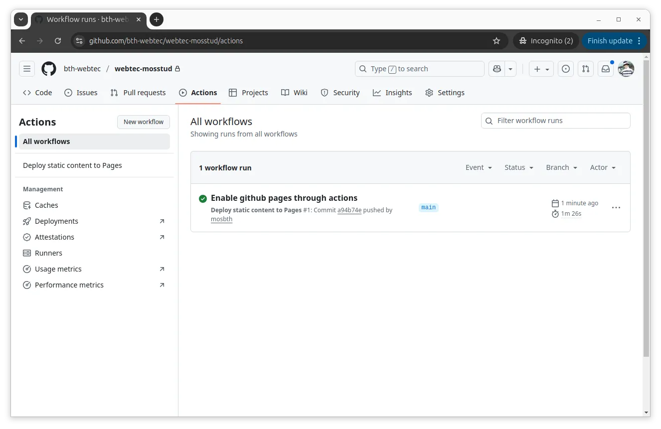 GitHub Actions har nu publicerat din webbplats.