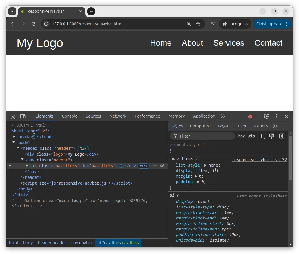 Nu är navbaren stylad med flexbox.