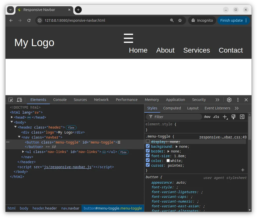 Här har vi använt devtools för att visa hamburgar-knappen.