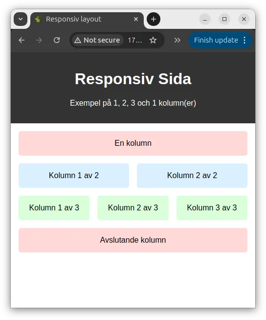 Så här ser den responsiva webbsidan ut på en smal skärm.