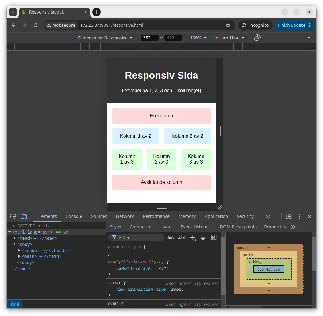 Så här ser den responsiva webbsidan ut i devtools.
