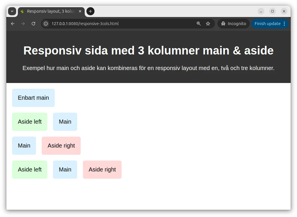 Responsiv sida med 3 kolumner med main och aside.