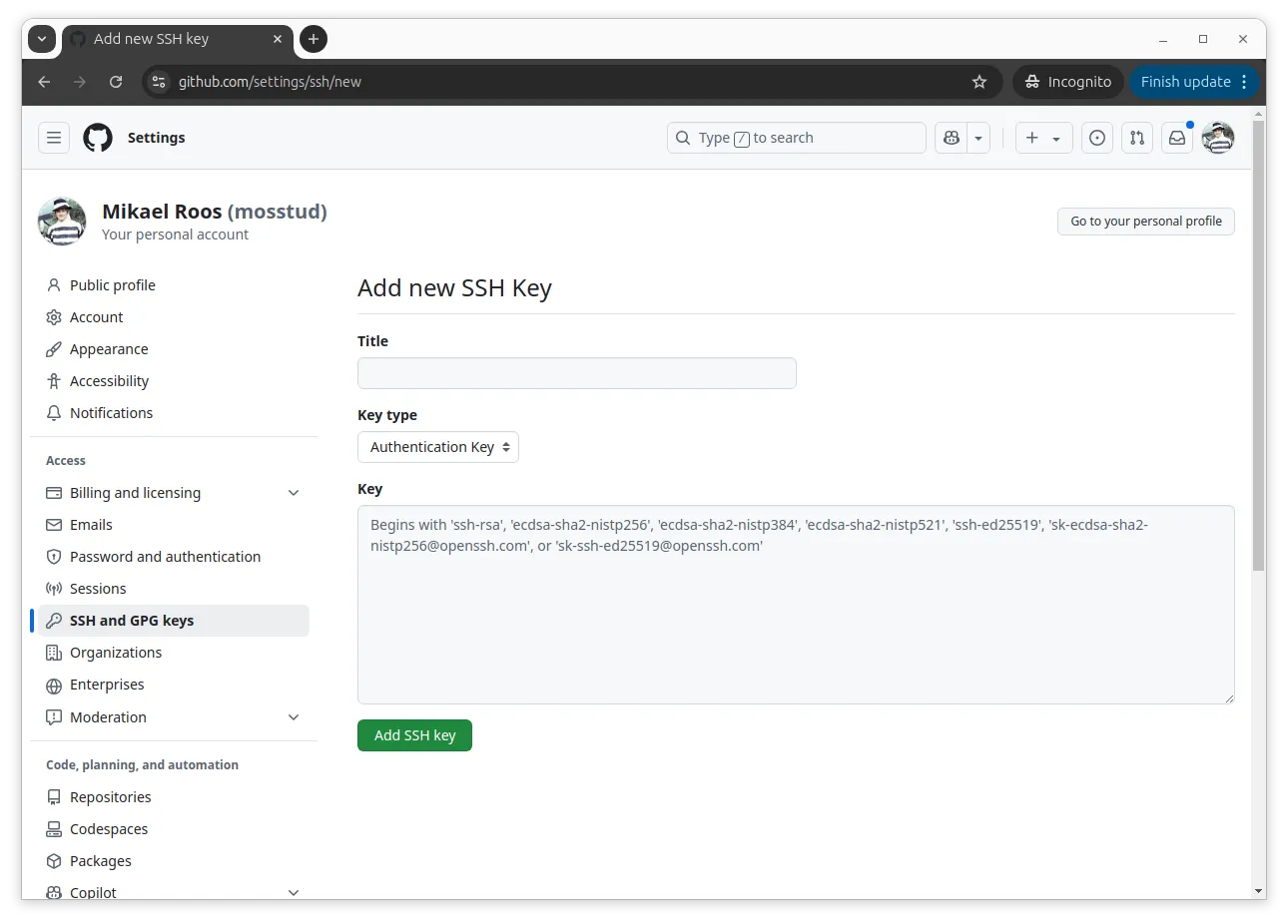 Nu är du redo att lägga till en ny ssh-nyckel till GitHub.