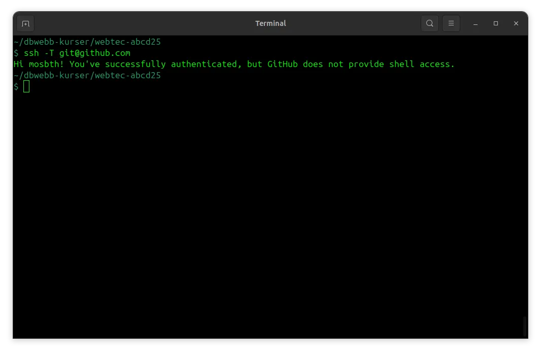 Ett välkomstmeddelande berättar att du kan koppla dig mot GitHub med en ssh-nyckel.