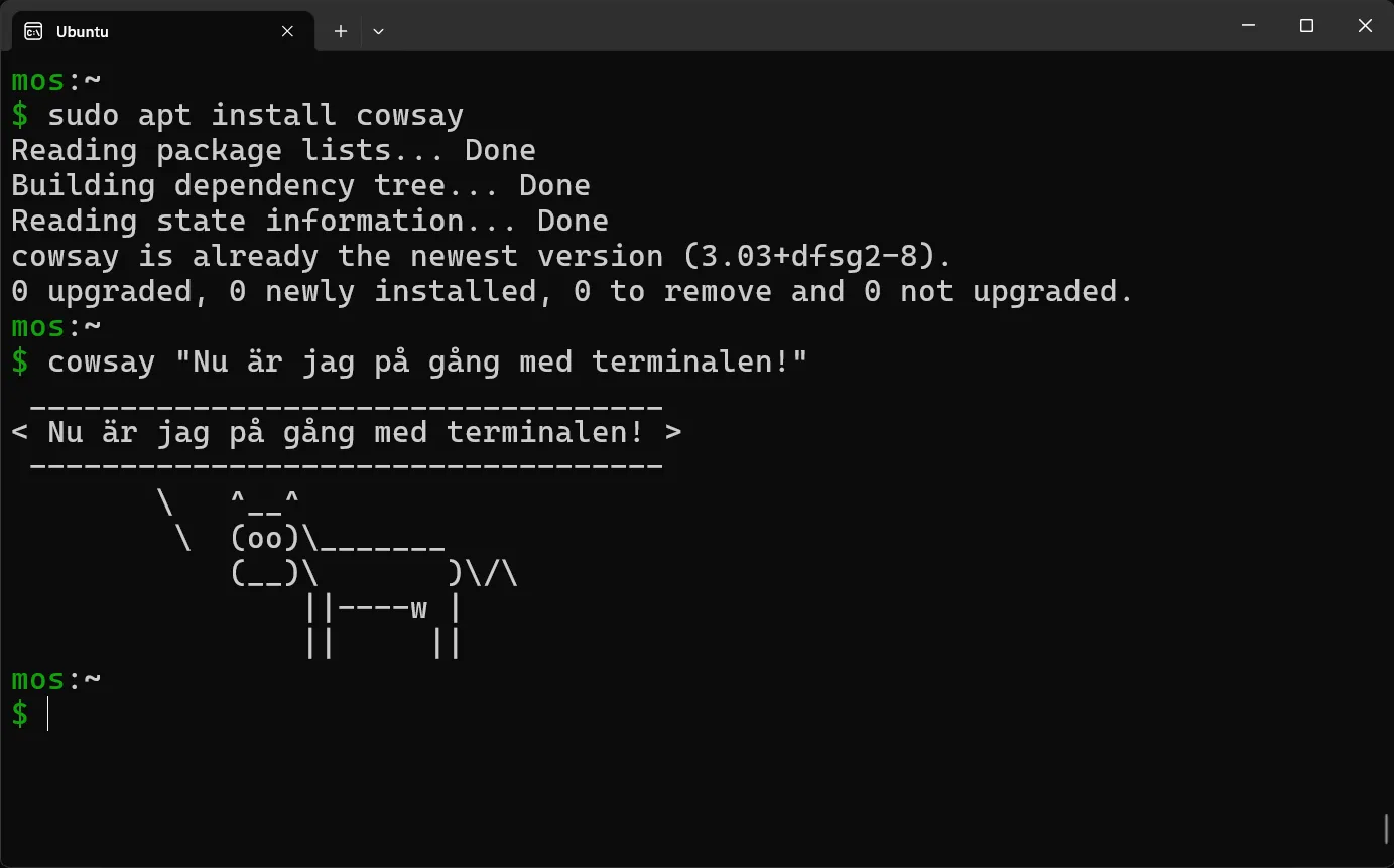 Kommandot cowsay är installerat och kan nu köras som ett program.