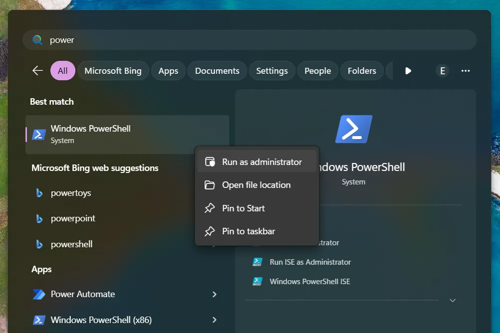Så här kan du öppna PowerShell som admin.