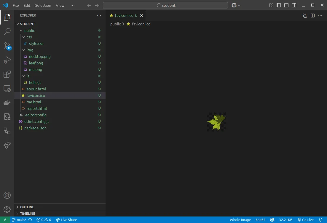 Strukturen för min webbplats som den ser ut i texteditorn vscode.